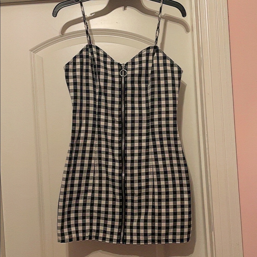 M Black and White Checkered Zip Up Dress